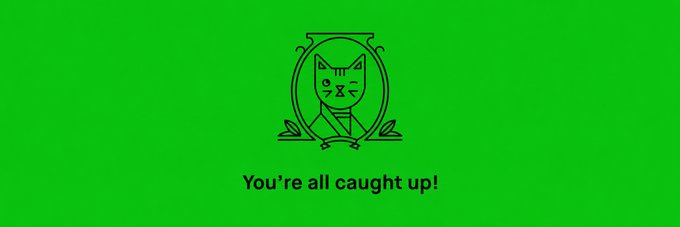 The Robinhood empty-state screen: the line-art cat above the words You're all caught up
