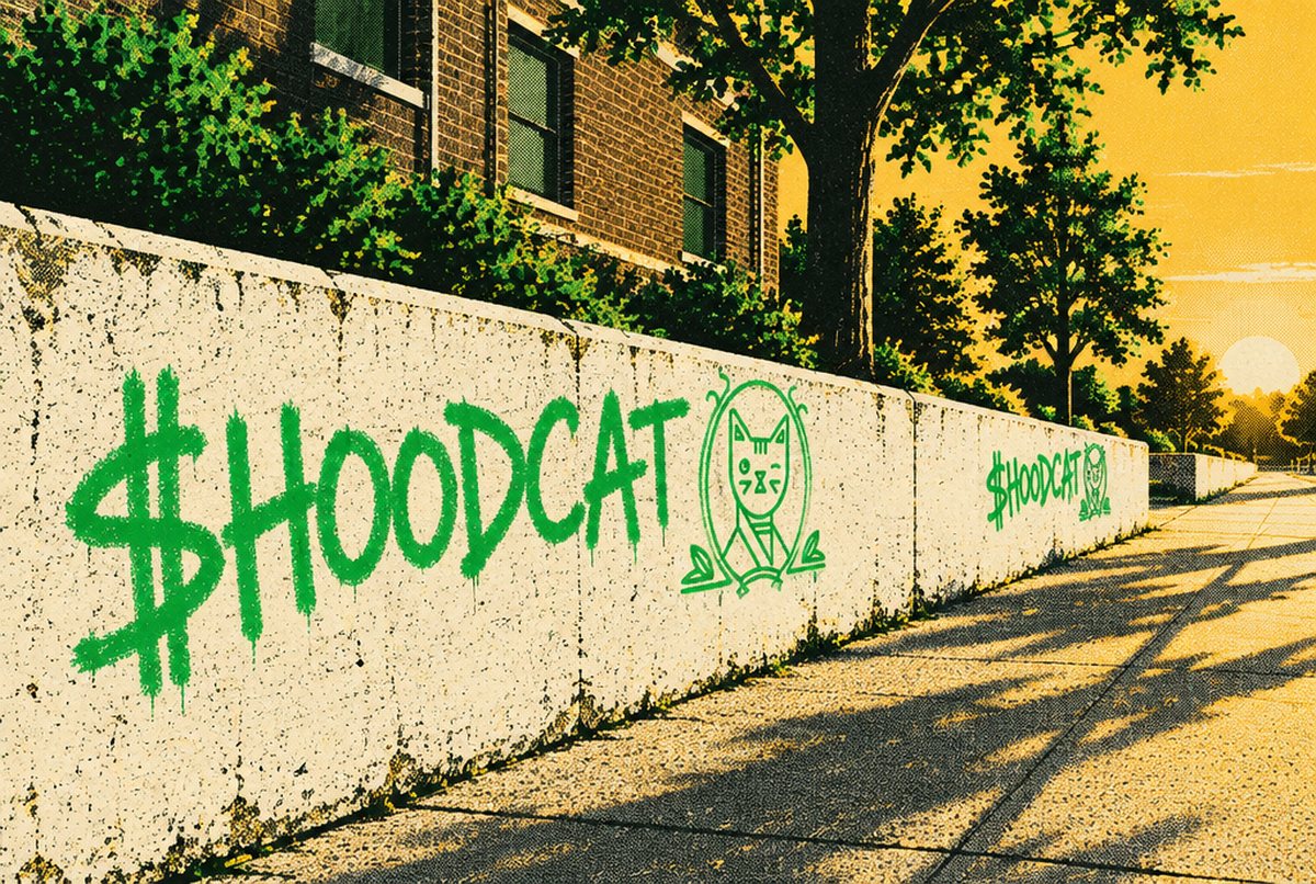 Two $HOODCAT tags chalked on a concrete wall at sunset